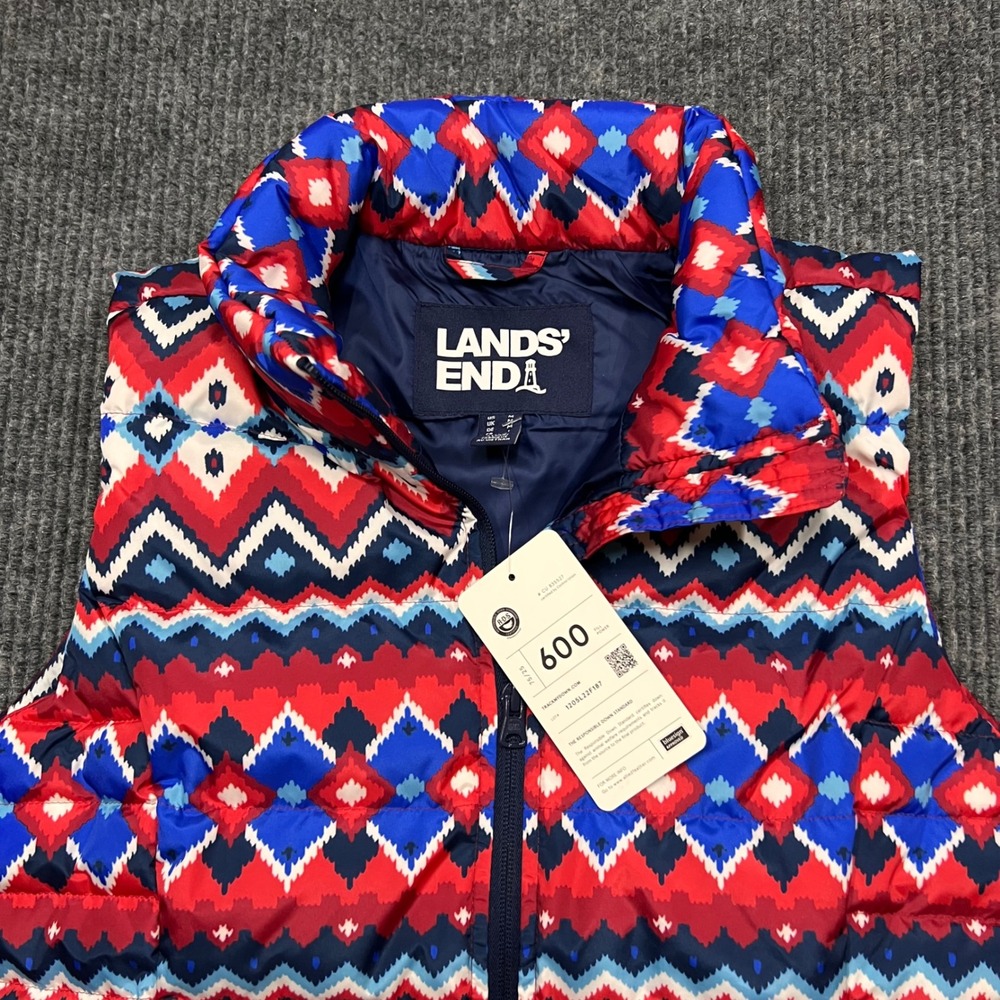 Lands End Womens 600 Down Puffer Vest Red Blue Fair Isle USA Aztec medium New - Picture 2 of 10